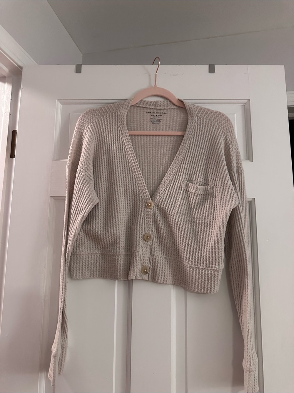 American Eagle Outfitters Cropped Waffle-Knit Cardigan - Light Beige